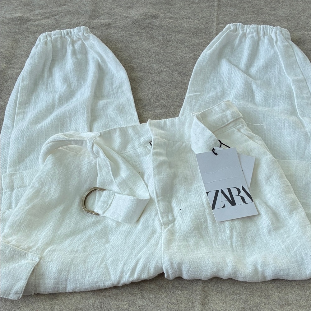 ZARA Cream Linen-Blend Cargo Jogger Pants